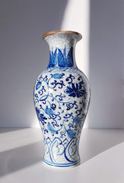 Studio Pottery Ceramic Vintage Chinese Pale Celadon Crackle Glaze with Handpainted Blue Floral Decor Baluster Form Vase