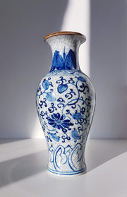 Studio Pottery Ceramic Vintage Chinese Pale Celadon Crackle Glaze with Handpainted Blue Floral Decor Baluster Form Vase