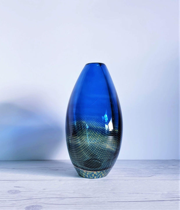 AnyesAttic Glass Sven Palmqvist for Orrefors, Kraka Series, Blue and Yellow Modernist Art Glass Vase, Collector’s Edn