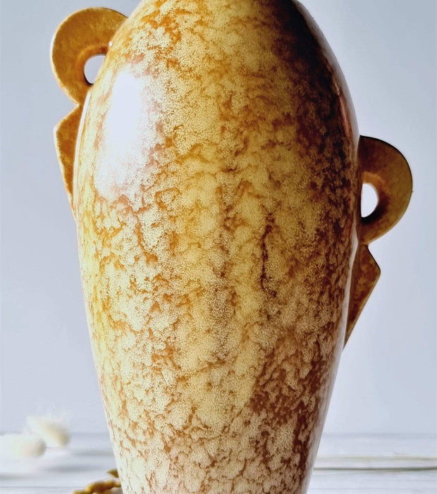 Sylvac Pottery Ceramic SylvaC Art Deco Twin-Eared Vase, Demerara Latte Marble Palette Glaze, British, 1940s, Rare