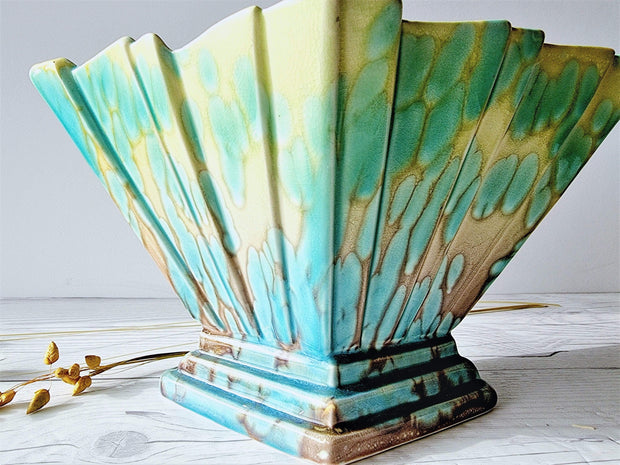 Sylvac Pottery Ceramic SylvaC att. Art Deco Aqua and Pale Chartreuse 'Lava Lamp' Glaze Pleated Fan Diamond Vase, British