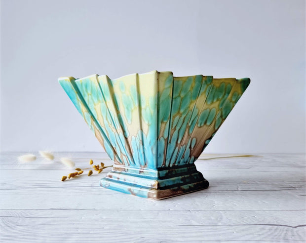 Sylvac Pottery Ceramic SylvaC att. Art Deco Aqua and Pale Chartreuse 'Lava Lamp' Glaze Pleated Fan Diamond Vase, British