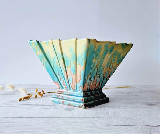 Sylvac Pottery Ceramic SylvaC att. Art Deco Aqua and Pale Chartreuse 'Lava Lamp' Glaze Pleated Fan Diamond Vase, British