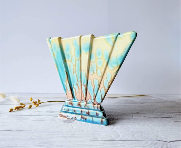 Sylvac Pottery Ceramic SylvaC att. Art Deco Aqua and Pale Chartreuse 'Lava Lamp' Glaze Pleated Fan Diamond Vase, British