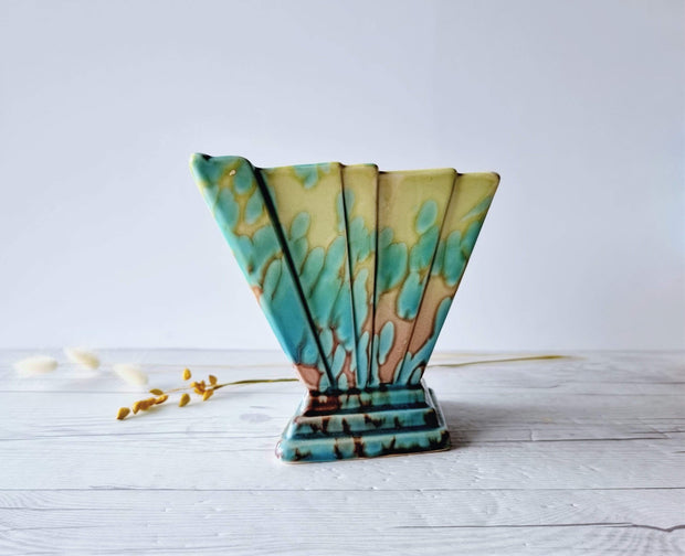 Sylvac Pottery Ceramic SylvaC att. Art Deco Aqua and Pale Chartreuse 'Lava Lamp' Glaze Pleated Fan Diamond Vase, British