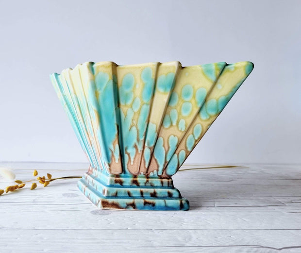 Sylvac Pottery Ceramic SylvaC att. Art Deco Aqua and Pale Chartreuse 'Lava Lamp' Glaze Pleated Fan Diamond Vase, British