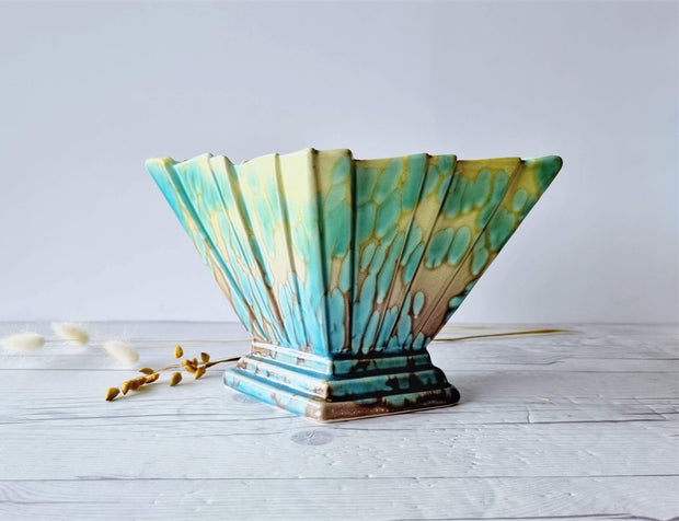 Sylvac Pottery Ceramic SylvaC att. Art Deco Aqua and Pale Chartreuse 'Lava Lamp' Glaze Pleated Fan Diamond Vase, British