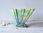 Sylvac Pottery Ceramic SylvaC att. Art Deco Aqua and Pale Chartreuse 'Lava Lamp' Glaze Pleated Fan Diamond Vase, British