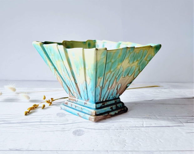 Sylvac Pottery Ceramic SylvaC att. Art Deco Aqua and Pale Chartreuse 'Lava Lamp' Glaze Pleated Fan Diamond Vase, British