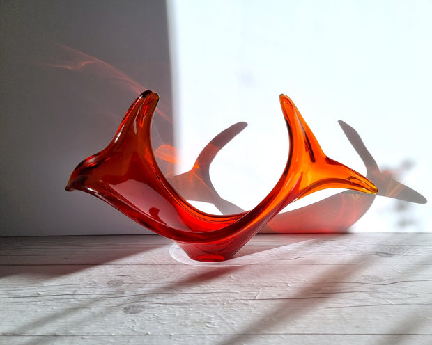 Murano Glass Murano Crimson Red and Fire Amber, Sculptural Twist Flame Unfurling Centrepiece Dish, 1960s-70s