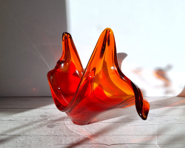 Murano Glass Murano Crimson Red and Fire Amber, Sculptural Twist Flame Unfurling Centrepiece Dish, 1960s-70s