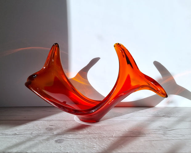 Murano Glass Murano Crimson Red and Fire Amber, Sculptural Twist Flame Unfurling Centrepiece Dish, 1960s-70s