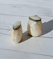 AnyesAttic Ceramic Vintage Cebu Clam Shell 'Mother of Pearl' and Silver Hinged Handmade Salt and Pepper Cruet Pots