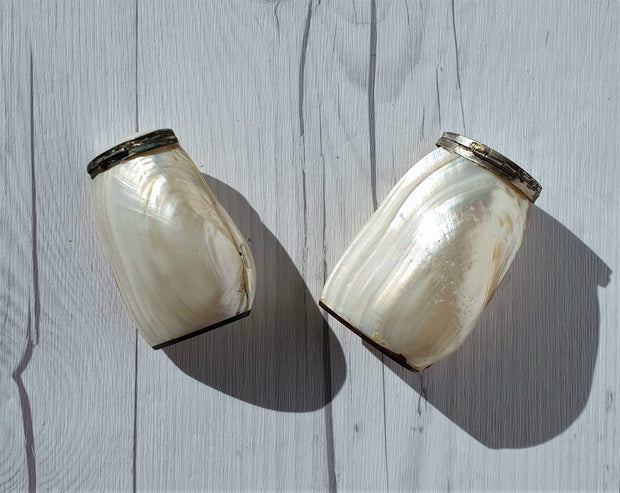 AnyesAttic Ceramic Vintage Cebu Clam Shell 'Mother of Pearl' and Silver Hinged Handmade Salt and Pepper Cruet Pots