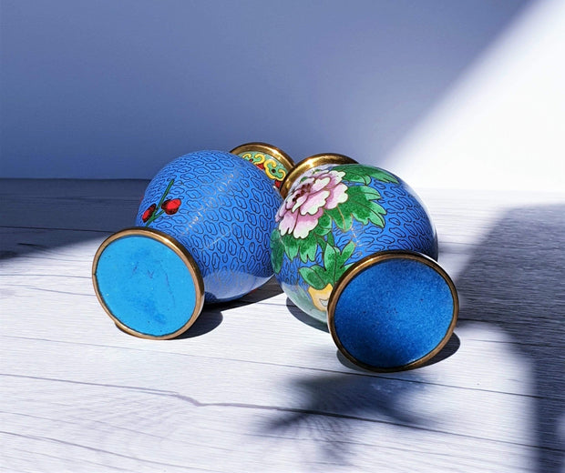 AnyesAttic Metals Vintage Chinese Pair of Miniature Cloisonne High Relief Peony and Red Blossom Decor Brass Vases