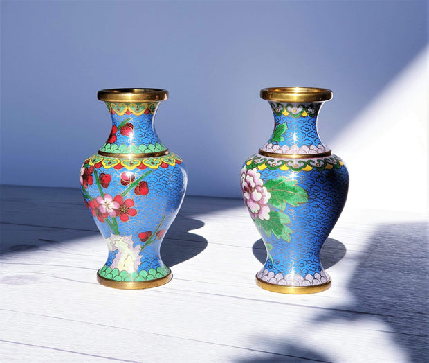 AnyesAttic Metals Vintage Chinese Pair of Miniature Cloisonne High Relief Peony and Red Blossom Decor Brass Vases