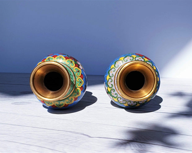 AnyesAttic Metals Vintage Chinese Pair of Miniature Cloisonne High Relief Peony and Red Blossom Decor Brass Vases