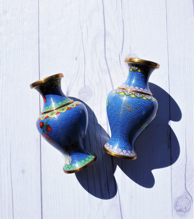 AnyesAttic Metals Vintage Chinese Pair of Miniature Cloisonne High Relief Peony and Red Blossom Decor Brass Vases