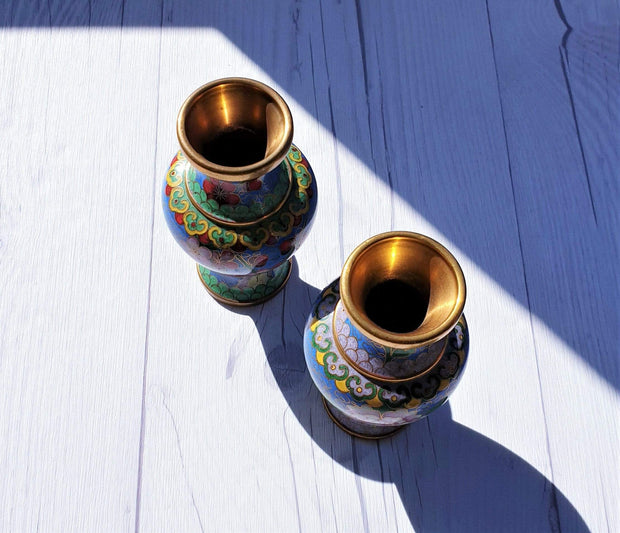 AnyesAttic Metals Vintage Chinese Pair of Miniature Cloisonne High Relief Peony and Red Blossom Decor Brass Vases