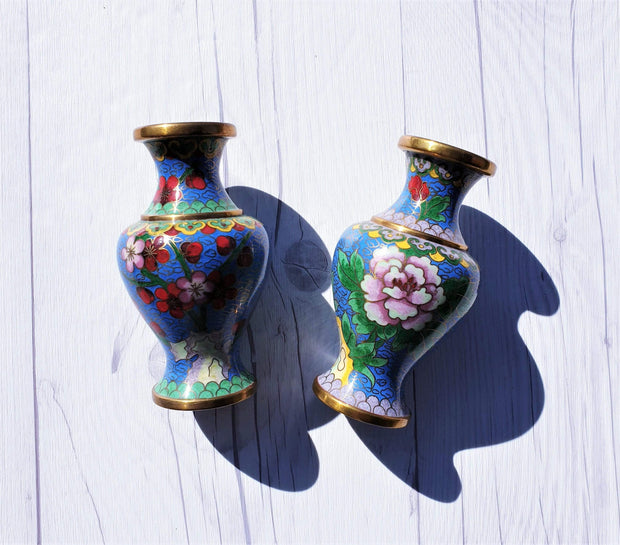 AnyesAttic Metals Vintage Chinese Pair of Miniature Cloisonne High Relief Peony and Red Blossom Decor Brass Vases