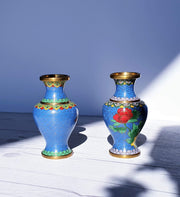 AnyesAttic Metals Vintage Chinese Pair of Miniature Cloisonne High Relief Peony and Red Blossom Decor Brass Vases