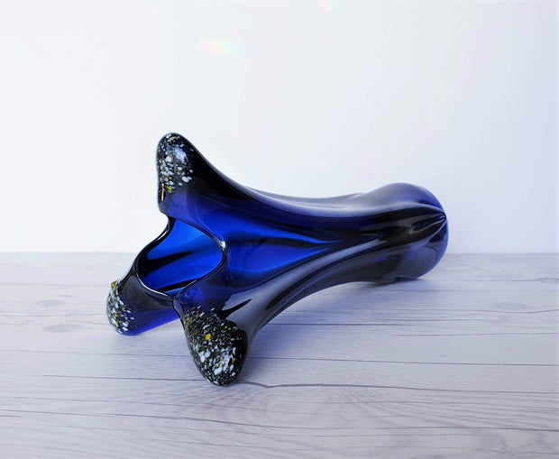 AnyesAttic Glass Vintage Contemporary Iridescent Cobalt Blue with Confetti Frit Decor Tricorn Studio Art Glass Vase