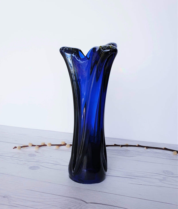 AnyesAttic Glass Vintage Contemporary Iridescent Cobalt Blue with Confetti Frit Decor Tricorn Studio Art Glass Vase
