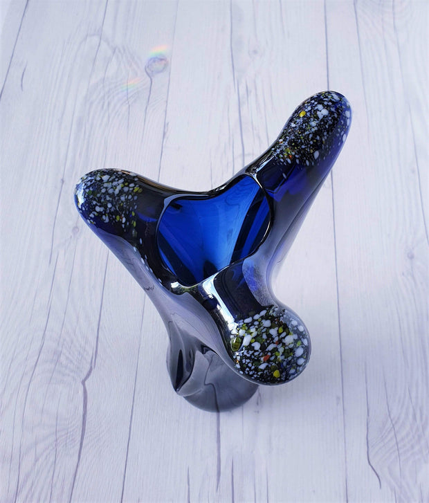 AnyesAttic Glass Vintage Contemporary Iridescent Cobalt Blue with Confetti Frit Decor Tricorn Studio Art Glass Vase