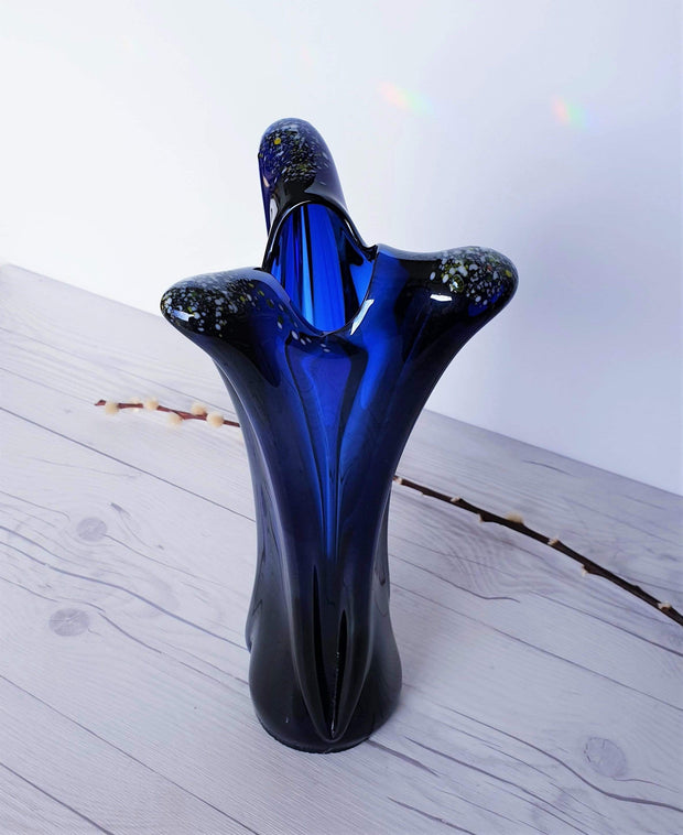 AnyesAttic Glass Vintage Contemporary Iridescent Cobalt Blue with Confetti Frit Decor Tricorn Studio Art Glass Vase