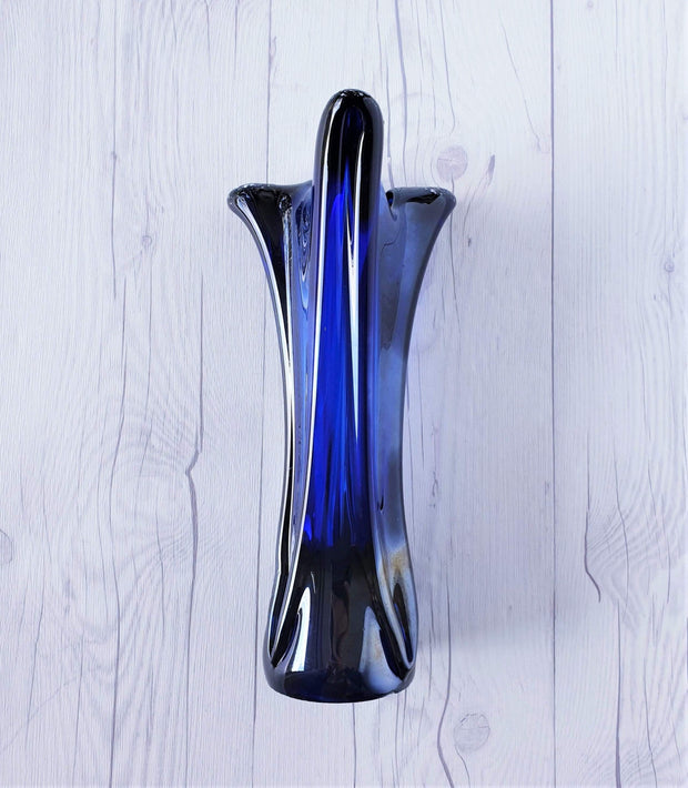 AnyesAttic Glass Vintage Contemporary Iridescent Cobalt Blue with Confetti Frit Decor Tricorn Studio Art Glass Vase