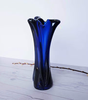 AnyesAttic Glass Vintage Contemporary Iridescent Cobalt Blue with Confetti Frit Decor Tricorn Studio Art Glass Vase