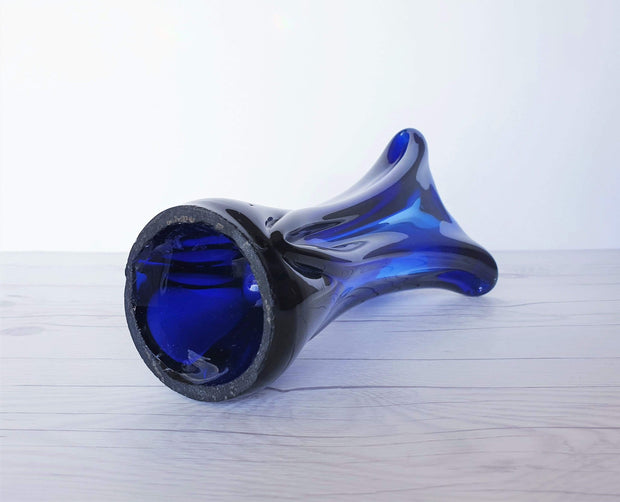 AnyesAttic Glass Vintage Contemporary Iridescent Cobalt Blue with Confetti Frit Decor Tricorn Studio Art Glass Vase