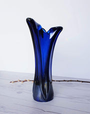 AnyesAttic Glass Vintage Contemporary Iridescent Cobalt Blue with Confetti Frit Decor Tricorn Studio Art Glass Vase