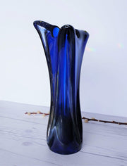 AnyesAttic Glass Vintage Contemporary Iridescent Cobalt Blue with Confetti Frit Decor Tricorn Studio Art Glass Vase
