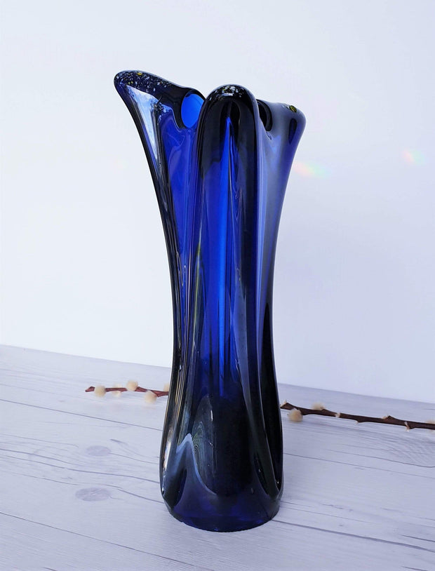 AnyesAttic Glass Vintage Contemporary Iridescent Cobalt Blue with Confetti Frit Decor Tricorn Studio Art Glass Vase