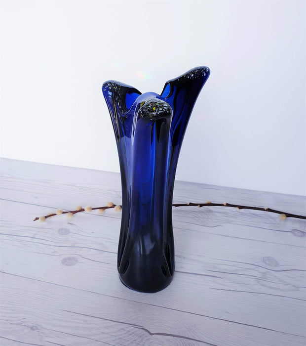 AnyesAttic Glass Vintage Contemporary Iridescent Cobalt Blue with Confetti Frit Decor Tricorn Studio Art Glass Vase