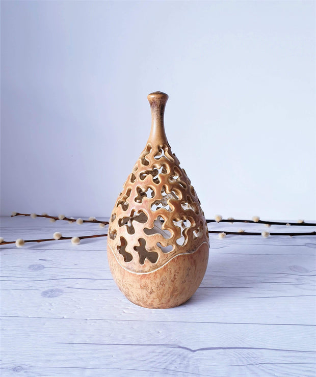 AnyesAttic Ceramic Vintage Henrik Knudsen, Bornholm Studio Pottery Hare's Fur Glaze Teardop Candleholder | Danish