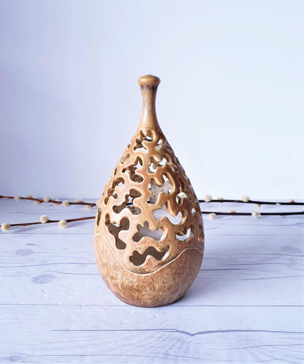 AnyesAttic Ceramic Vintage Henrik Knudsen, Bornholm Studio Pottery Hare's Fur Glaze Teardop Candleholder | Danish