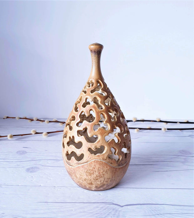 AnyesAttic Ceramic Vintage Henrik Knudsen, Bornholm Studio Pottery Hare's Fur Glaze Teardop Candleholder | Danish