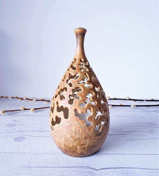 AnyesAttic Ceramic Vintage Henrik Knudsen, Bornholm Studio Pottery Hare's Fur Glaze Teardop Candleholder | Danish