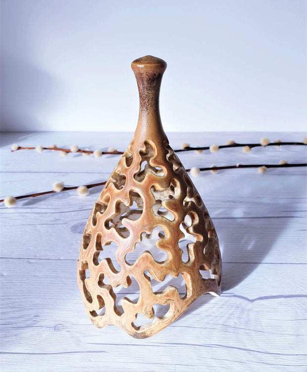 AnyesAttic Ceramic Vintage Henrik Knudsen, Bornholm Studio Pottery Hare's Fur Glaze Teardop Candleholder | Danish