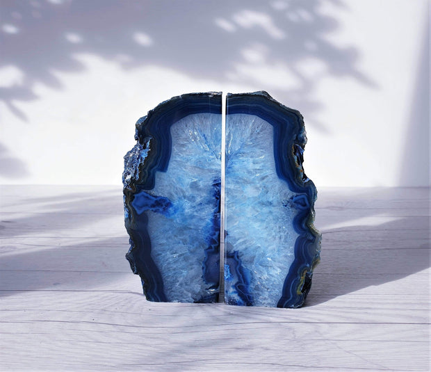 AnyesAttic Curio Vintage Pair of Brazilian Polished Blue Agate Geode, Felt Lined Bookends | c. 13 cm / 5.3" height