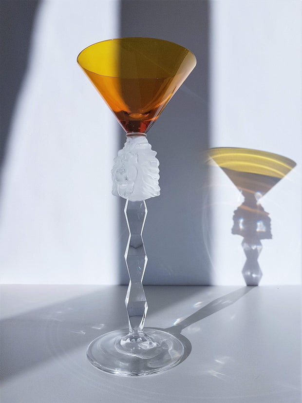 AnyesAttic Glass Vintage Pair of Crystal 'Vega Martini' Style Glasses with Satined Lion and Rams Head Decor Art Glass