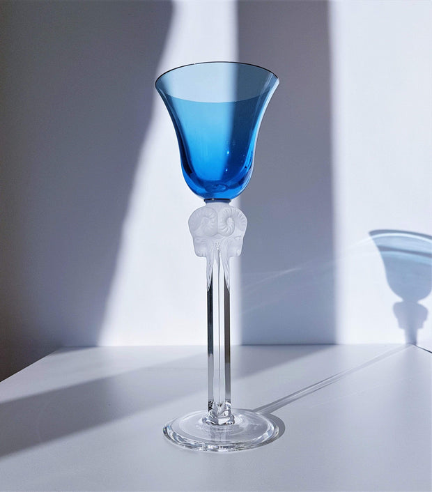 AnyesAttic Glass Vintage Pair of Crystal 'Vega Martini' Style Glasses with Satined Lion and Rams Head Decor Art Glass