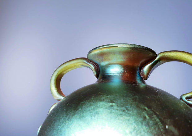 WMF Crystal Glass Collectors: 1920s WMF Myra Crystal, Art Deco, Rare Double Handle, Iridescent Gold Art Glass Vase