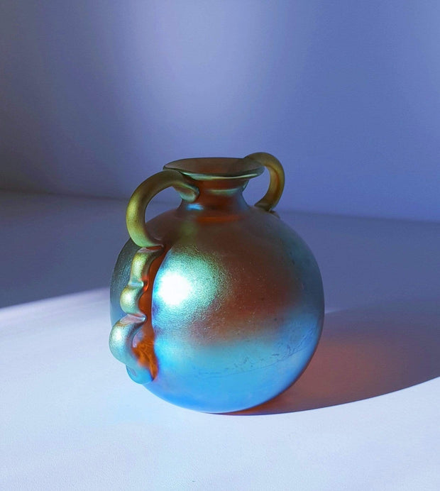 WMF Crystal Glass Collectors: 1920s WMF Myra Crystal, Art Deco, Rare Double Handle, Iridescent Gold Art Glass Vase