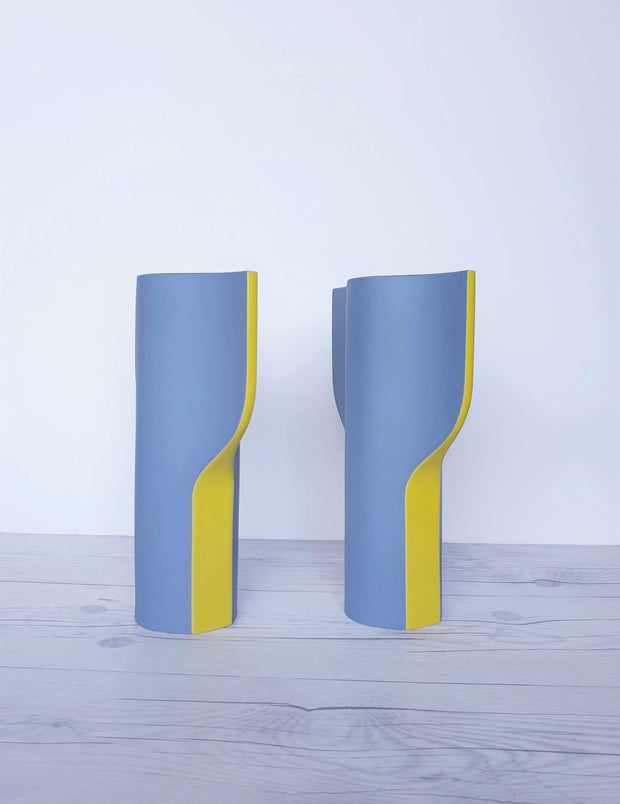 AnyesAttic Ceramic Wolf Karnagel for Toro Ceramica, Post Modern Ceramic Vase in Grey, Yellow and Blue | 1980s, Rare