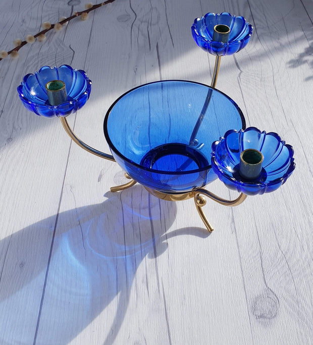 Ystad Metall Lighting Ystad Metall by Gunnar Ander  Modernist Blue Glass and Brass Candelabra | 1950s, Swedish