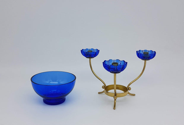 Ystad Metall Lighting Ystad Metall by Gunnar Ander  Modernist Blue Glass and Brass Candelabra | 1950s, Swedish