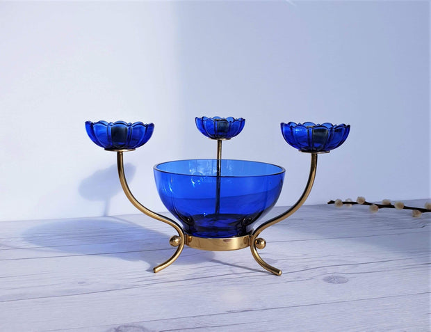 Ystad Metall Lighting Ystad Metall by Gunnar Ander  Modernist Blue Glass and Brass Candelabra | 1950s, Swedish